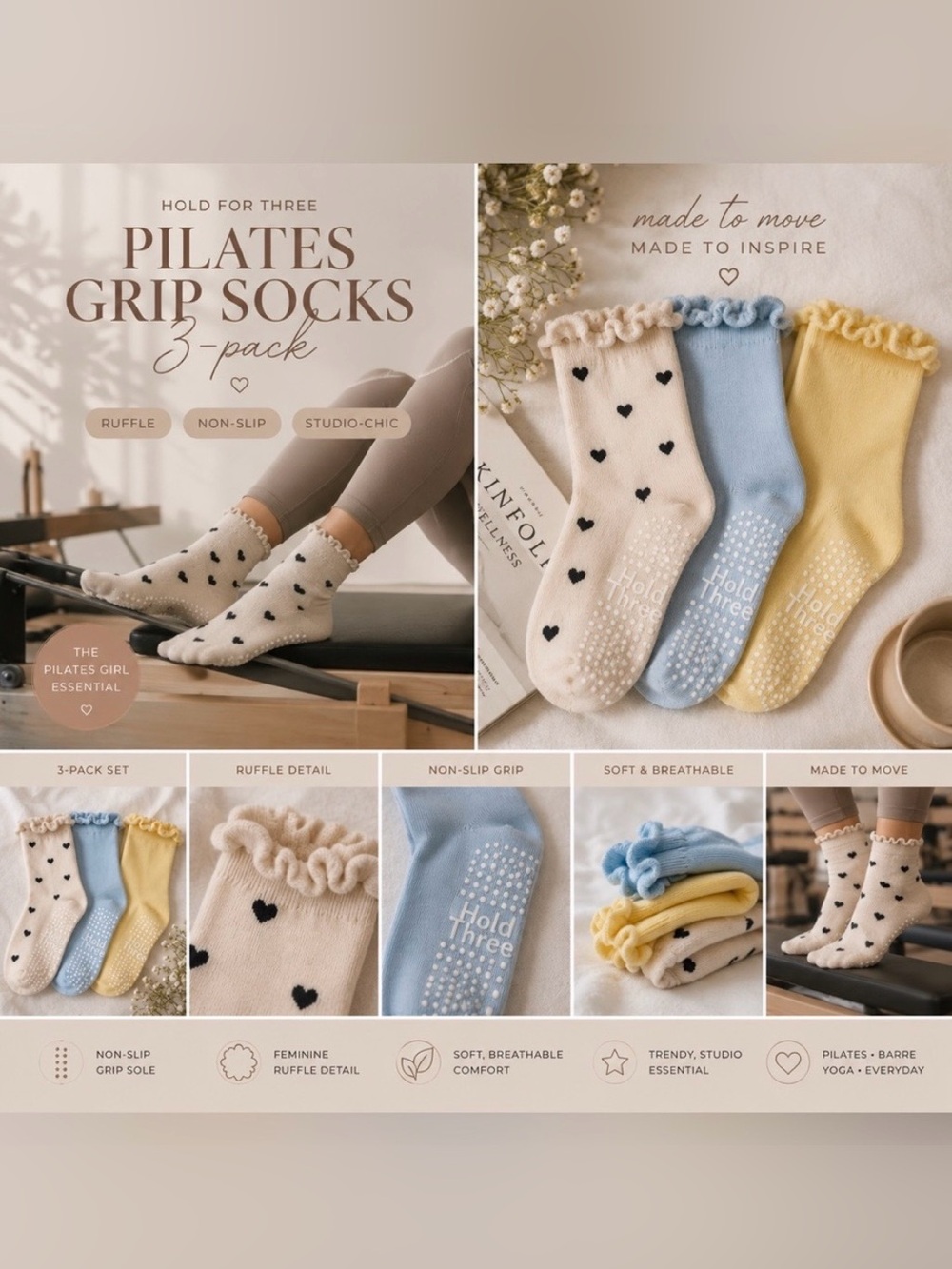 Hold for Three Pilates Grip Socks 3-Pack